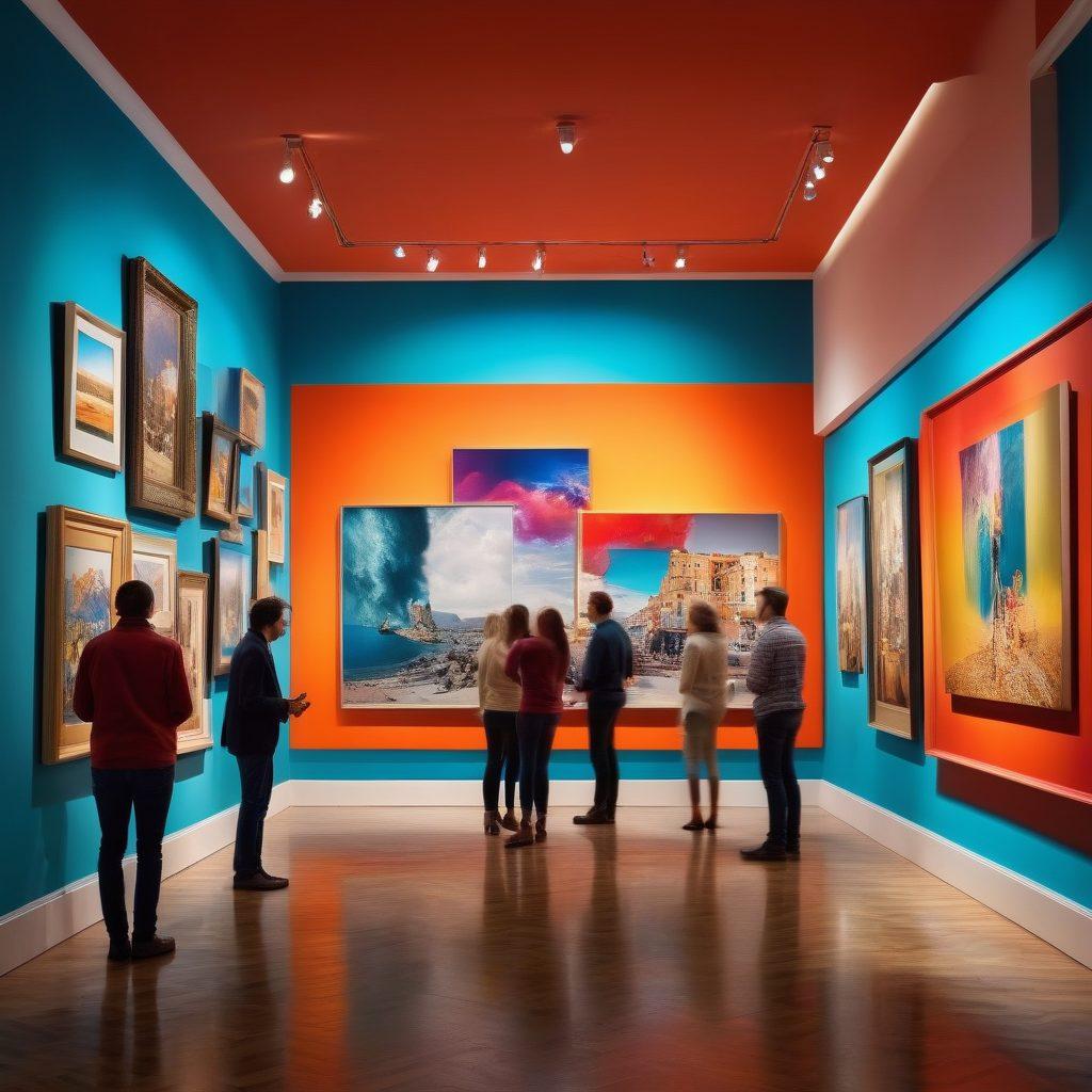 a captivating photo exhibition scene showcasing a diverse group of people interacting with striking visual stories framed on elegant walls; dynamic lighting emphasizes the colorful images while reflecting curiosity and engagement; include a variety of photographic styles like portraits, landscapes, and abstract art; artistic elements like a camera capturing moments in the foreground. super-realistic. vibrant colors.