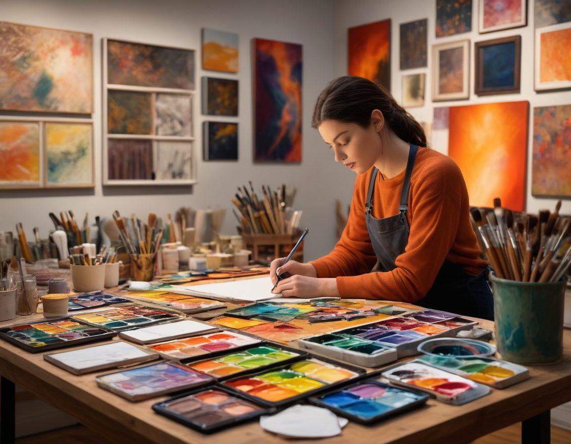 An artist surrounded by various creative tools, such as paints, brushes, and digital devices, meticulously arranging their portfolio on a large table. In the background, a gallery wall displays vibrant art pieces showcasing different styles, including abstract and realism. Soft, warm lighting illuminates the scene, adding a cozy yet inspiring atmosphere. The artist is captured mid-action, portraying dedication and passion for their craft. super-realistic. vibrant colors. warm tones.