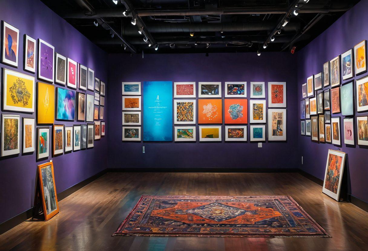 A vibrant digital gallery filled with diverse artworks and photographs, featuring a person curating their collection. Include elements like bright colors, textures of various art styles, and interactive digital screens showcasing stories behind each piece. The atmosphere should be dynamic and inspiring, with soft lighting illuminating the artworks. Incorporate symbols of creativity like paintbrushes and cameras subtly in the background. super-realistic. vibrant colors. 3D.